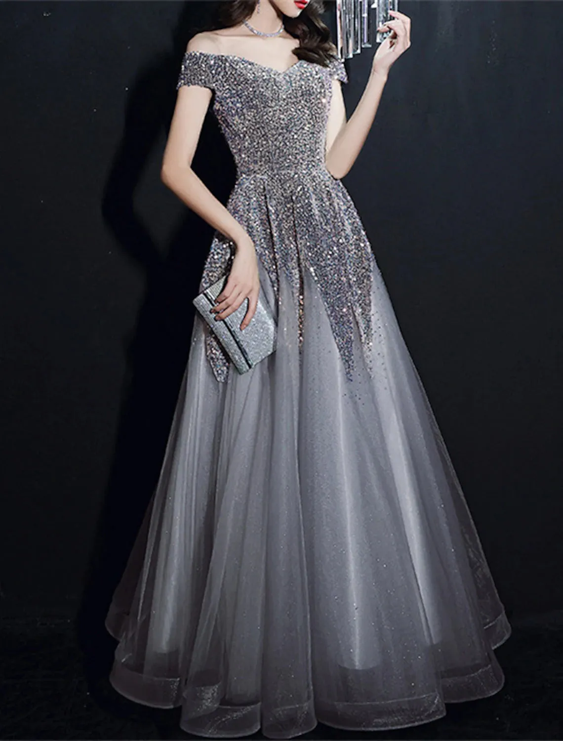 Luolandi A-Line Prom Dresses Elegant Dress Formal Floor Length Short Sleeve Off Shoulder Polyester