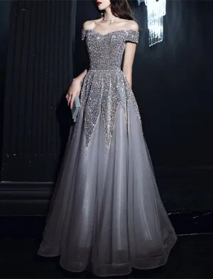 Luolandi A-Line Prom Dresses Elegant Dress Formal Floor Length Short Sleeve Off Shoulder Polyester