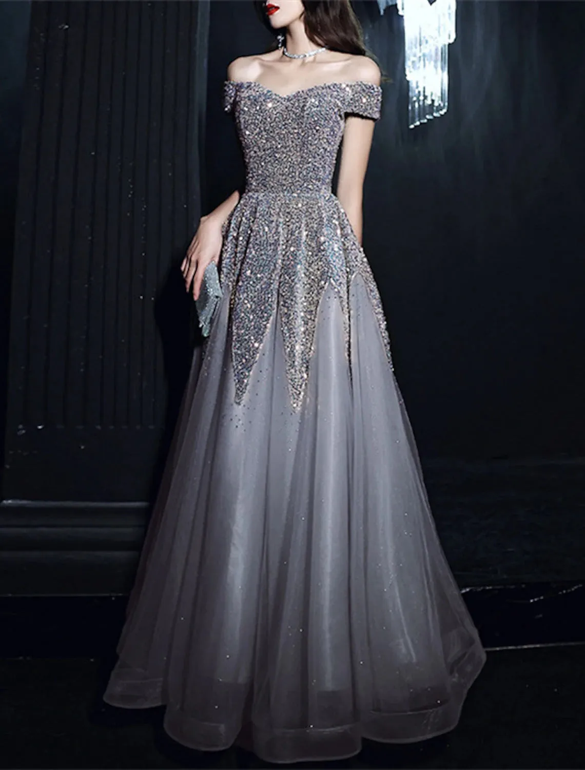 Luolandi A-Line Prom Dresses Elegant Dress Formal Floor Length Short Sleeve Off Shoulder Polyester