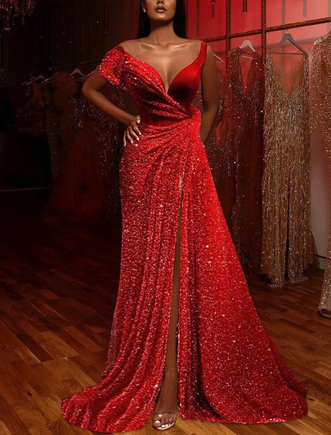 Luolandi A-Line Sparkle & Shine High Split Prom Formal Evening Dress V Neck Short Sleeve Court Train Satin with Sequin