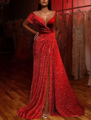 Luolandi A-Line Sparkle & Shine High Split Prom Formal Evening Dress V Neck Short Sleeve Court Train Satin with Sequin