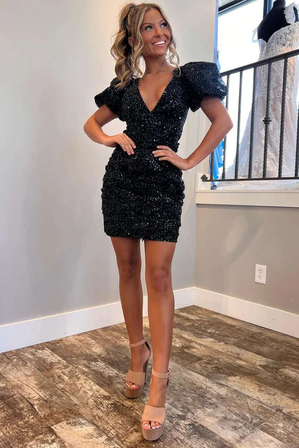 Luolandi Black Sequin V-Neck Short Sleeve Homecoming Dress Sparkly Party Dress