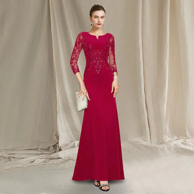 Luolandi Sheath / Column Mother of the Bride Dress Elegant Jewel Neck Floor Length Chiffon Lace Short Sleeve with Sequin Ruffles