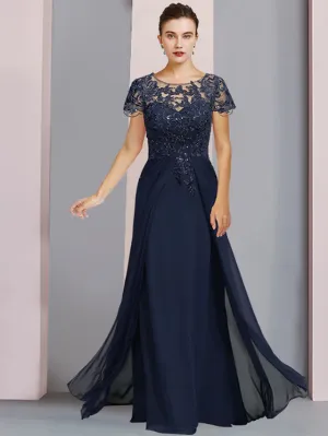 Luolandi Sheath / Column Mother of the Bride Dress Formal Luxurious Elegant Scoop Neck Floor Length Chiffon Lace Short Sleeve with Appliques