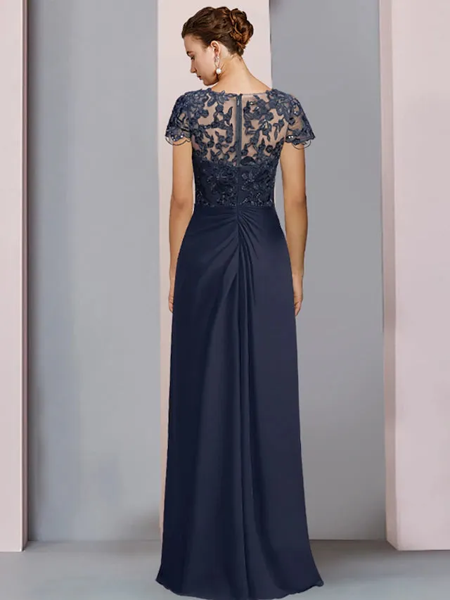 Luolandi Sheath / Column Mother of the Bride Dress Formal Luxurious Elegant Scoop Neck Floor Length Chiffon Lace Short Sleeve with Appliques