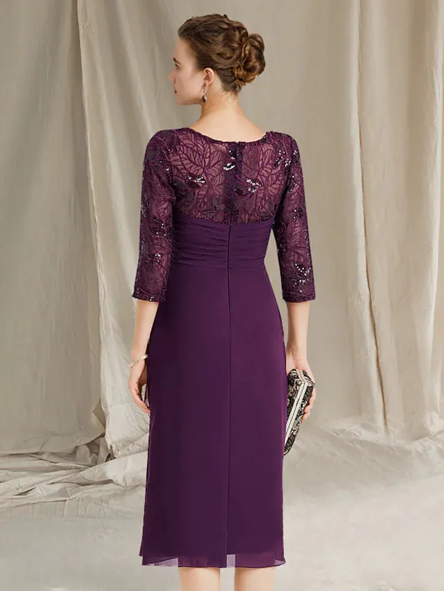 Luolandi Sheath / Column Mother of the Bride Dress Plus Size Elegant Jewel Neck Knee Length Stretch Chiffon Short Sleeve with Sequin