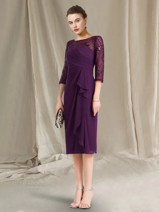 Luolandi Sheath / Column Mother of the Bride Dress Plus Size Elegant Jewel Neck Knee Length Stretch Chiffon Short Sleeve with Sequin
