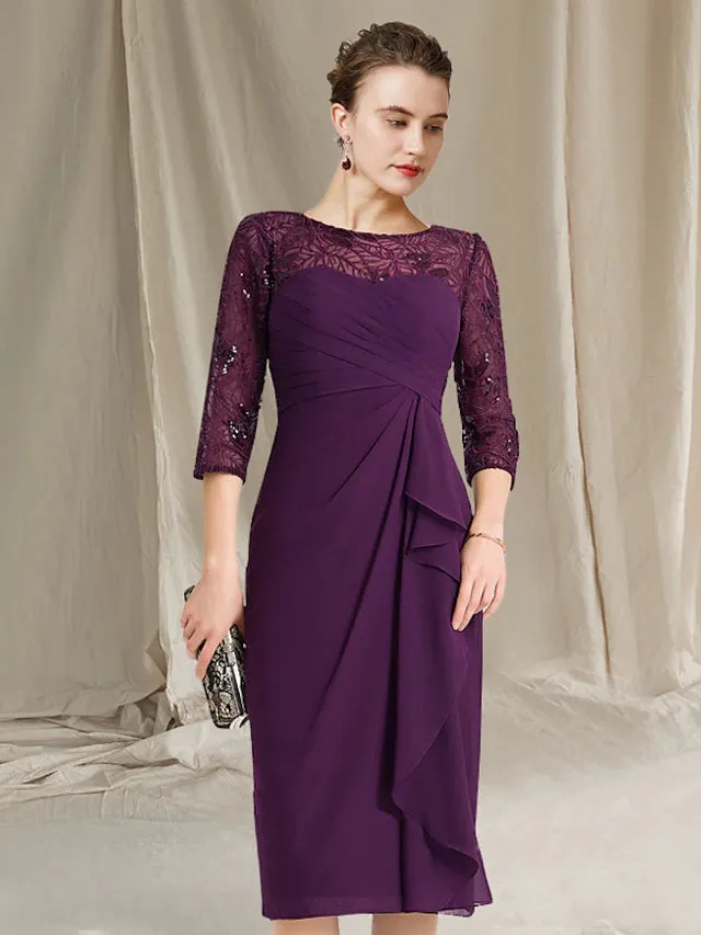 Luolandi Sheath / Column Mother of the Bride Dress Plus Size Elegant Jewel Neck Knee Length Stretch Chiffon Short Sleeve with Sequin