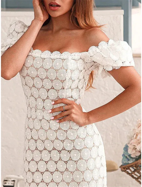 Luolandi Women's Sequin Dress Party Dress Lace Dress Midi Dress Black White Short Sleeve Plain Lace Square Neck Elegant Cocktail Dress