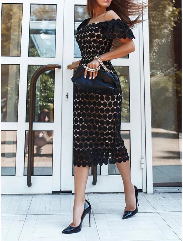 Luolandi Women's Sequin Dress Party Dress Lace Dress Midi Dress Black White Short Sleeve Plain Lace Square Neck Elegant Cocktail Dress