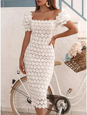 Luolandi Women's Sequin Dress Party Dress Lace Dress Midi Dress Black White Short Sleeve Plain Lace Square Neck Elegant Cocktail Dress