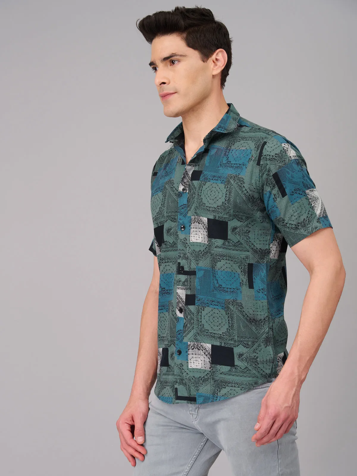 Men Teal Printed Casual Shirt (GBMKPR707H)