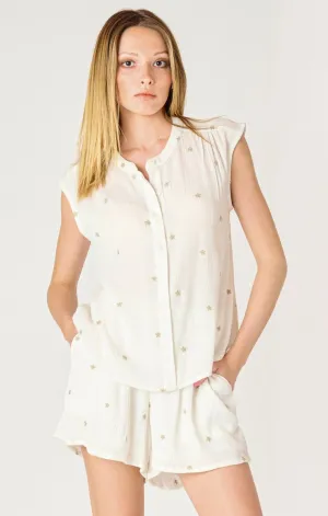 SL Button Front Embroidered Blouse