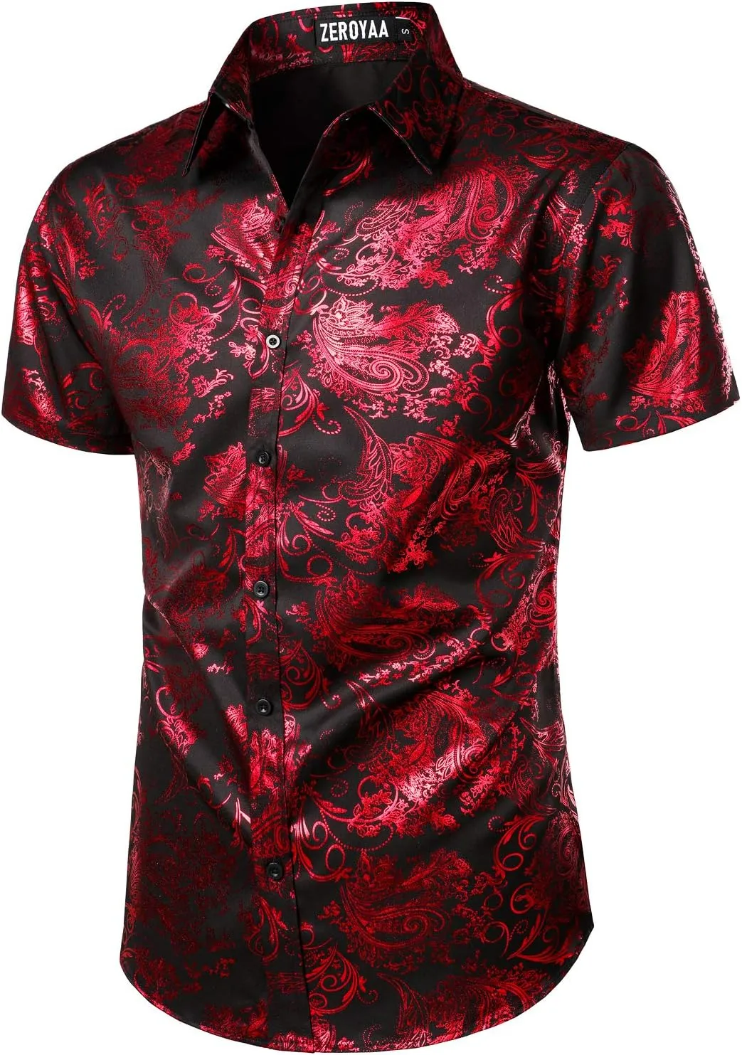 ZEROYAA Men's Luxury Paisley Shiny Printed Slim Fit Short Sleeve Button Up Dress Shirt
